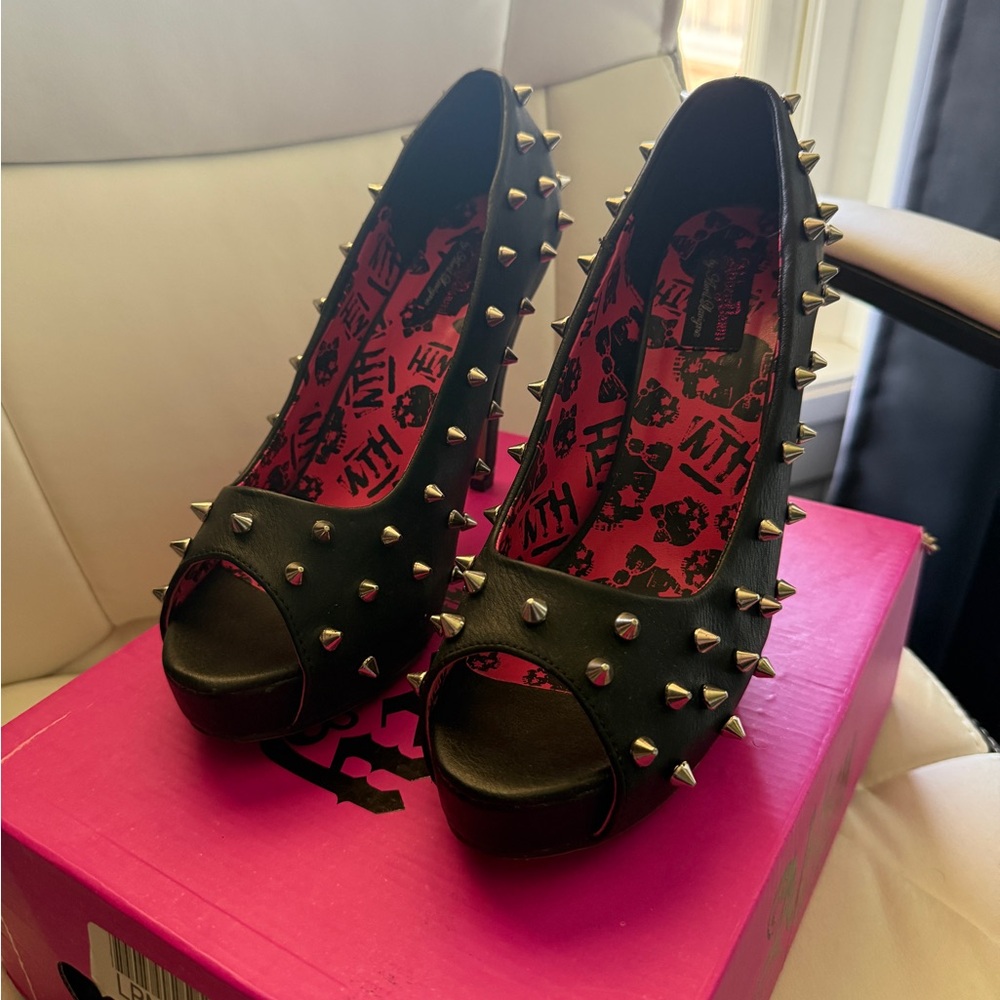 Black Studded Peep Toe Heels